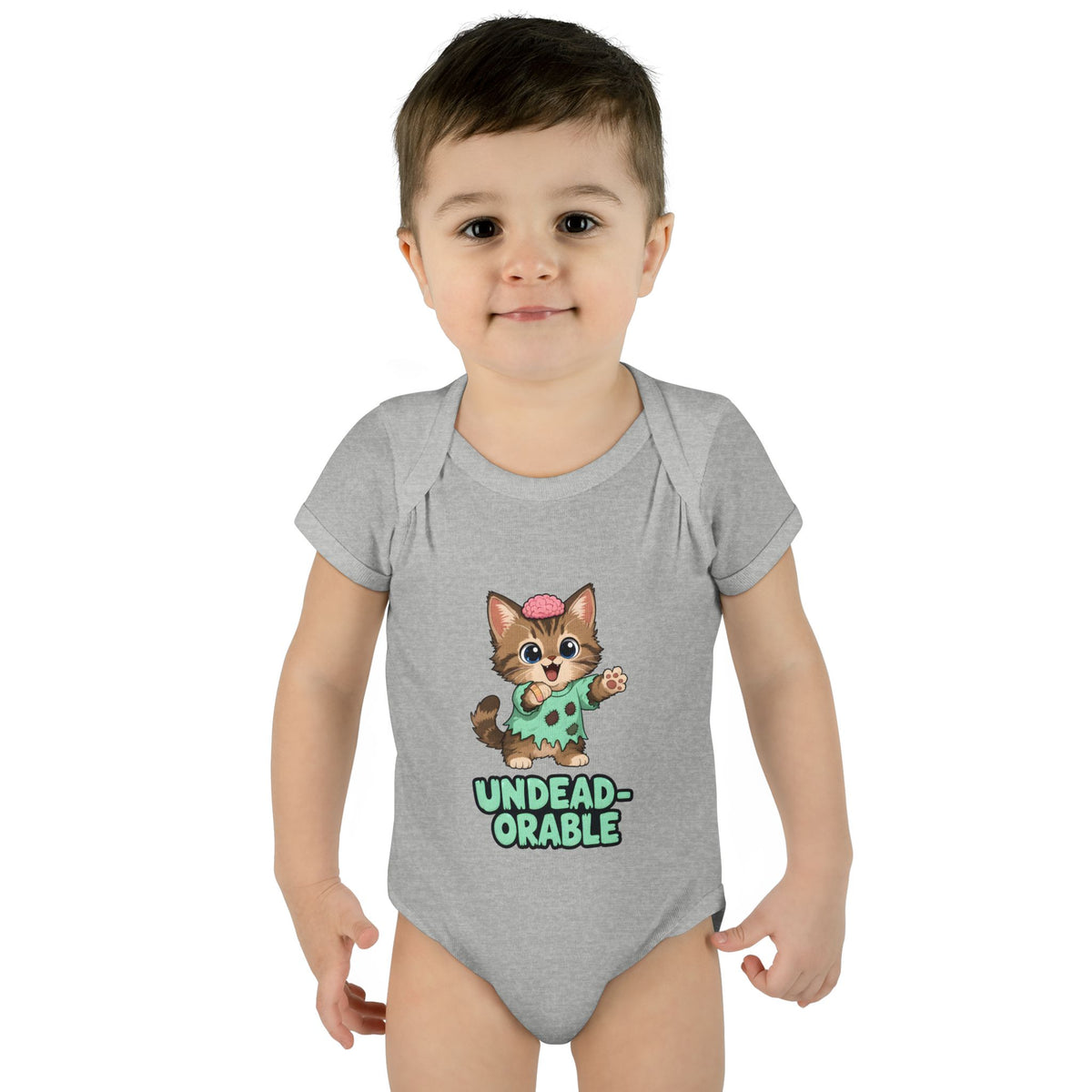 Toddler wearing the Undead-orable Zombie Kitten Baby Halloween Bodysuit in Heather