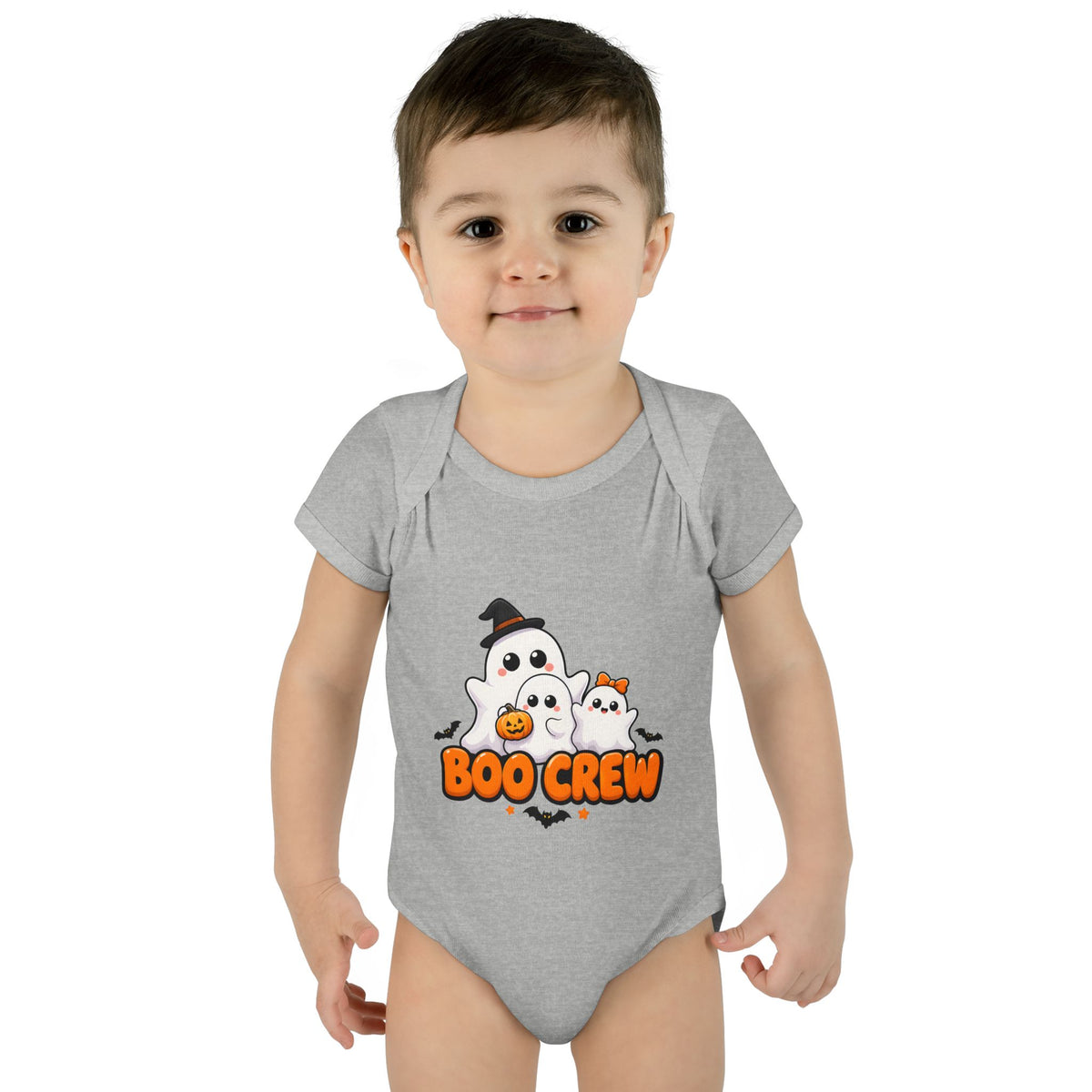 Toddler wearing the Boo Crew Cute Ghost Baby Halloween Bodysuit in Heather