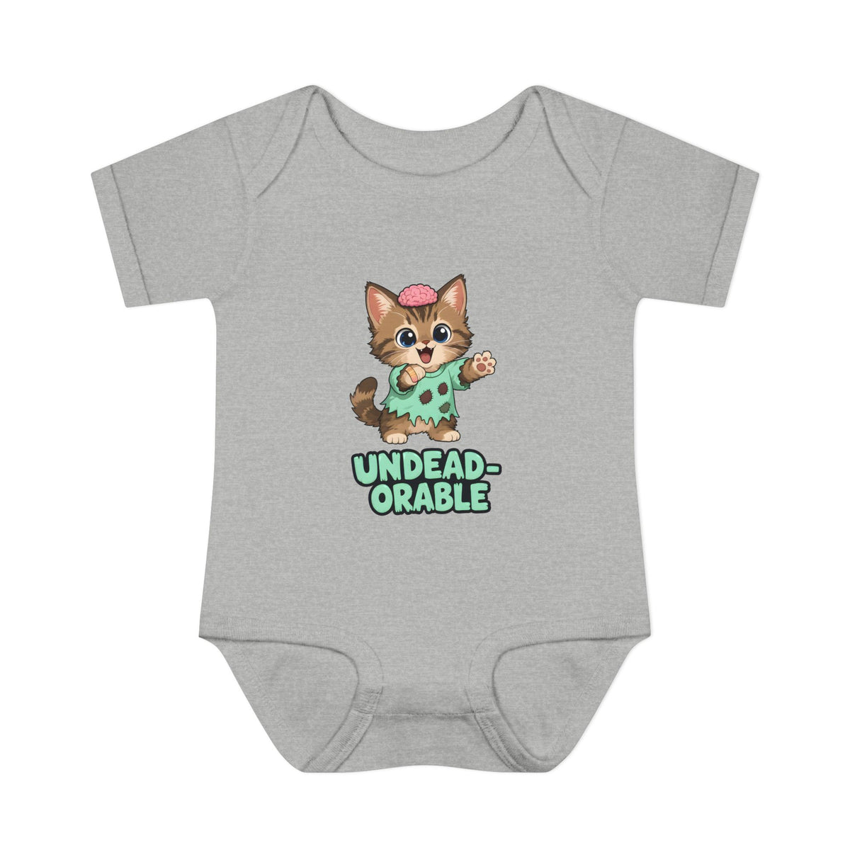 Undead-orable Zombie Kitten Baby Halloween Bodysuit in Heather, front