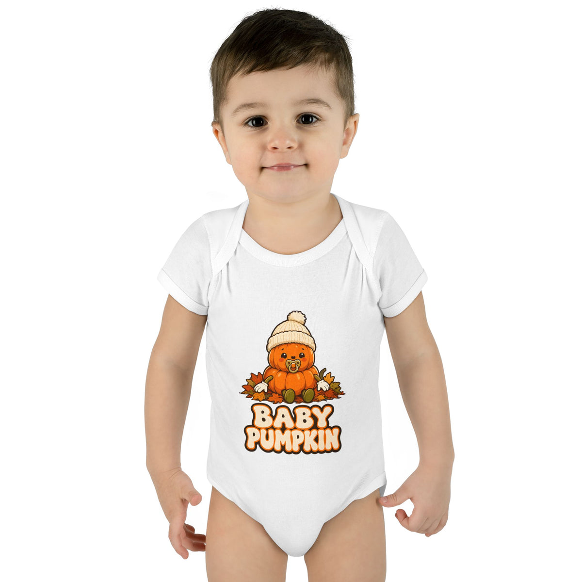 Toddler wearing the Baby Pumpkin First Halloween Baby Bodysuit in White