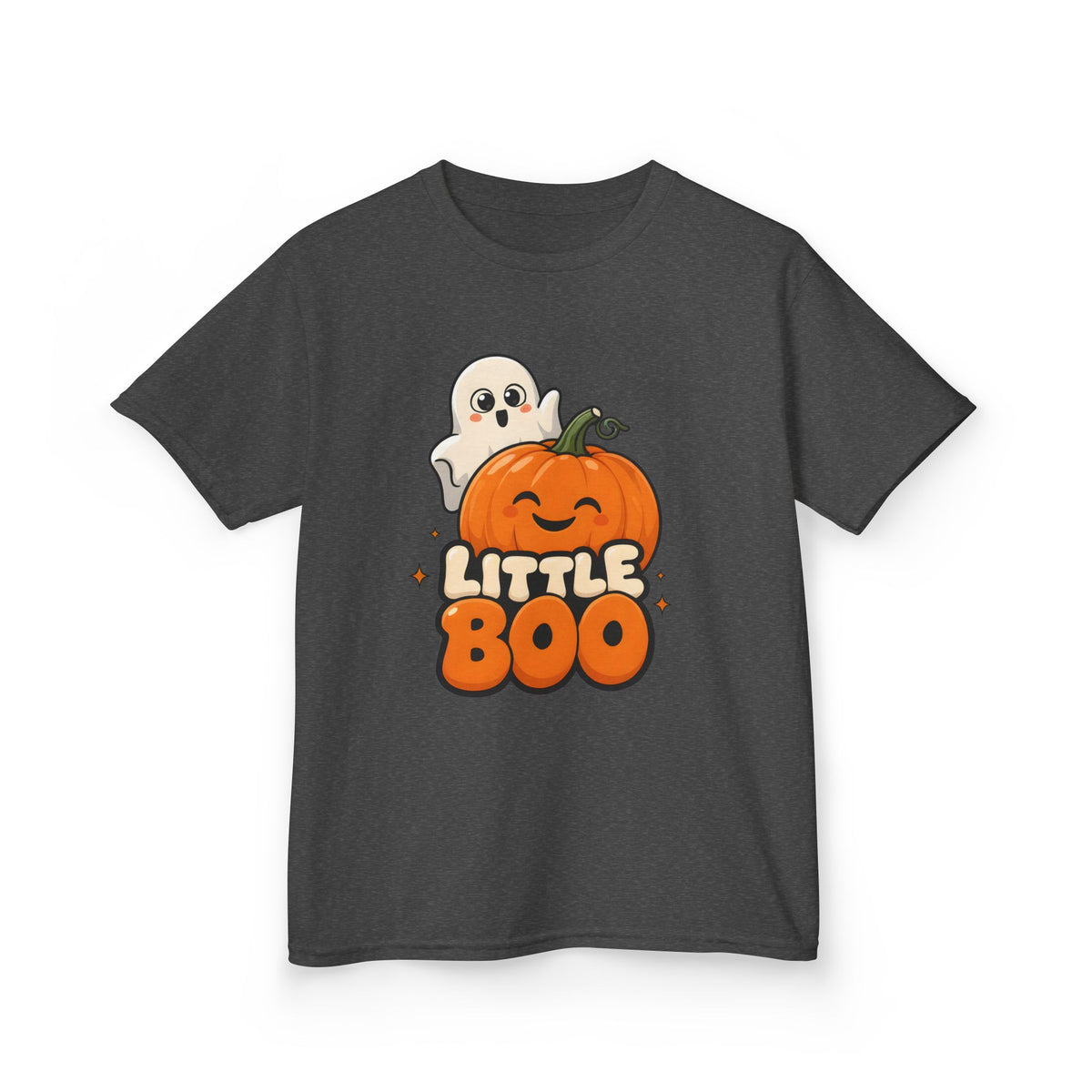 Little Boo Ghost and Pumpkin Kids Halloween T-Shirt in Dark Heather, front