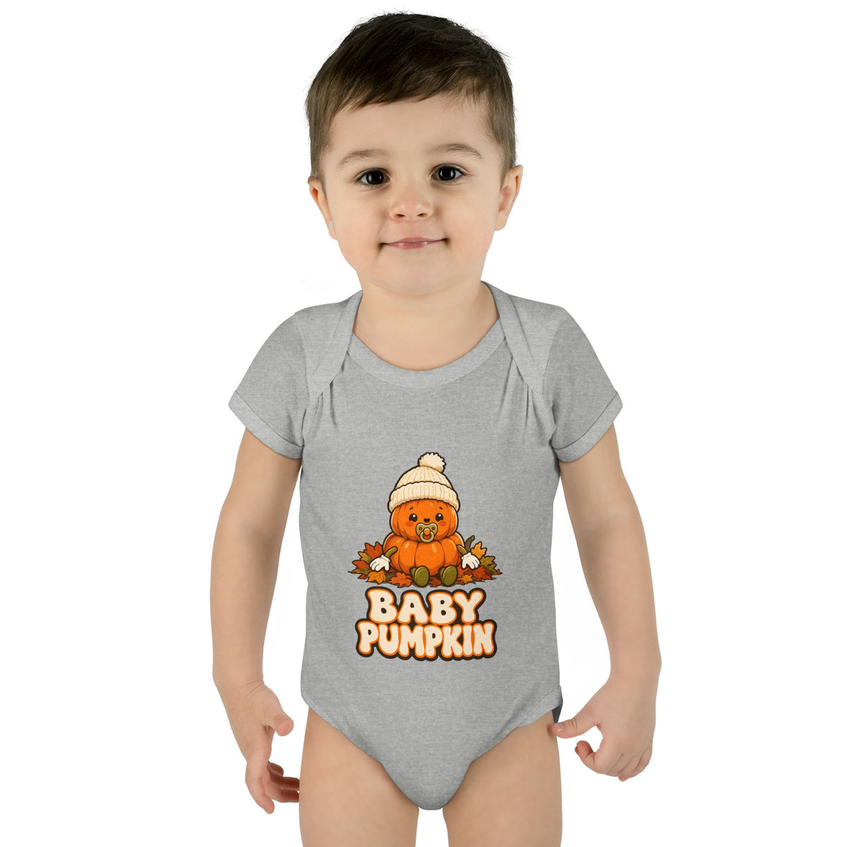 Toddler wearing the Baby Pumpkin First Halloween Baby Bodysuit in Heather