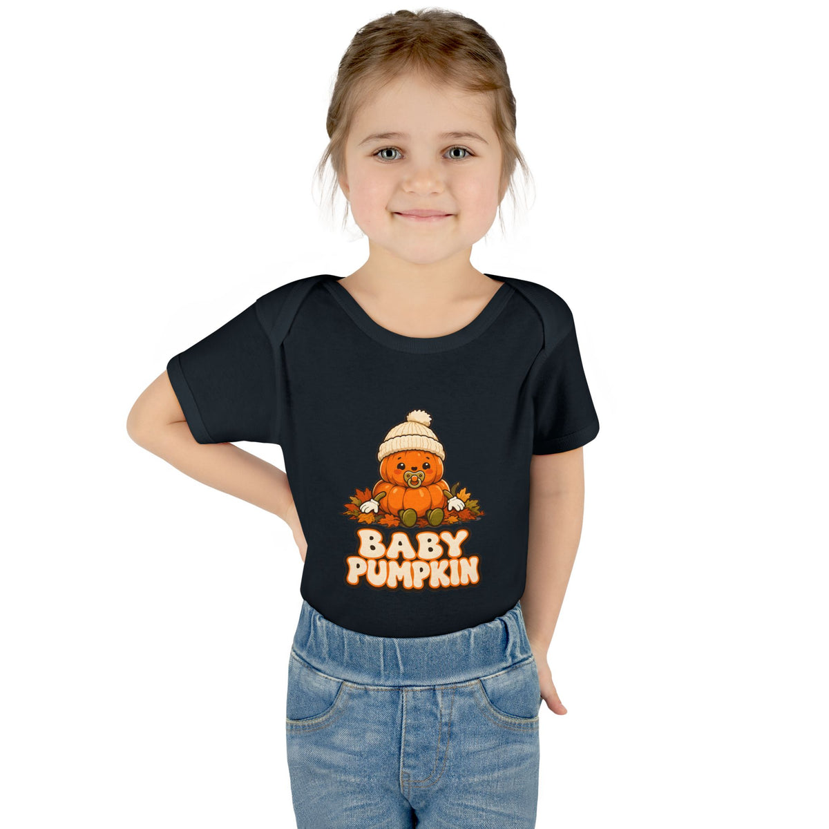 Toddler wearing the Baby Pumpkin First Halloween Baby Bodysuit in Black