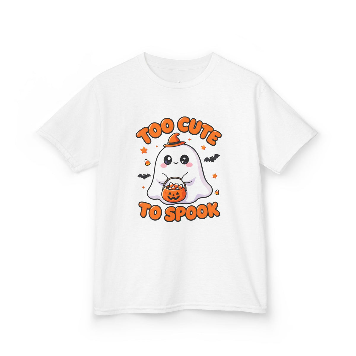 Too Cute to Spook Ghost Kids Halloween T-Shirt in White, front