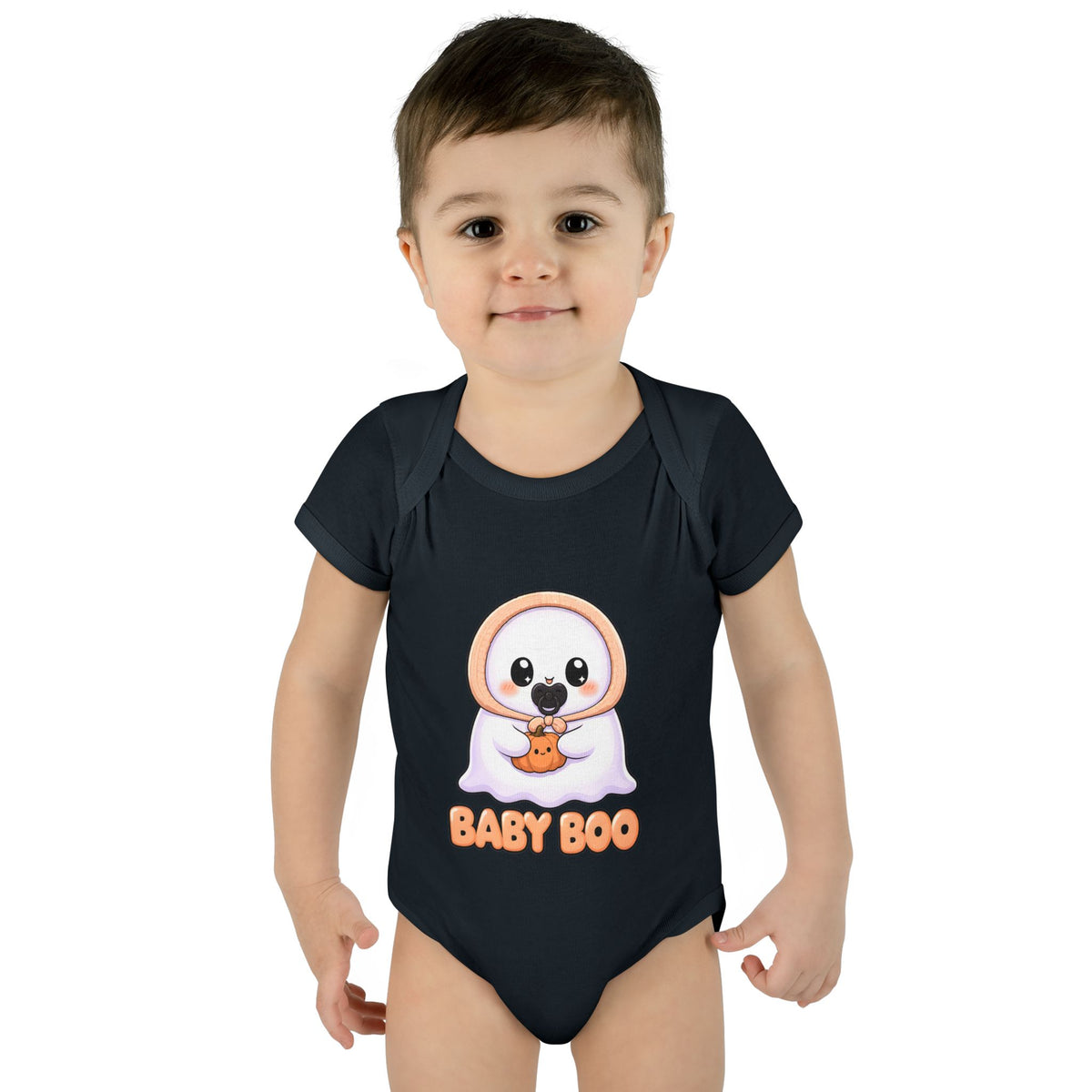 Toddler wearing the Baby Boo Cute Ghost Baby Halloween Bodysuit in Black