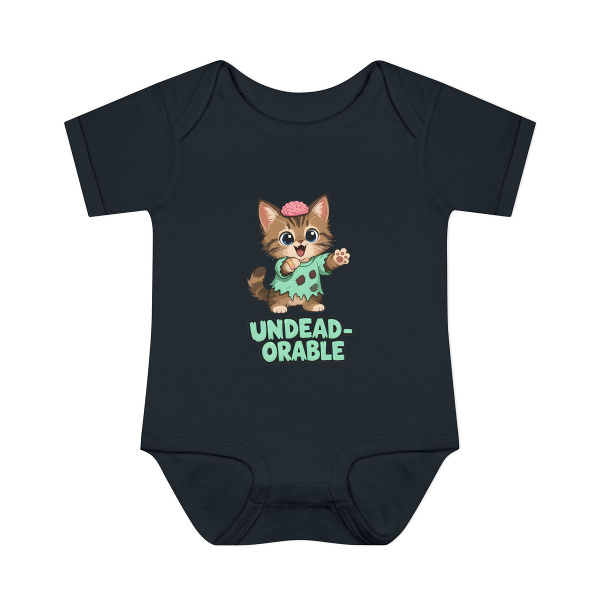 Undead-orable Zombie Kitten Baby Halloween Bodysuit in Black, front