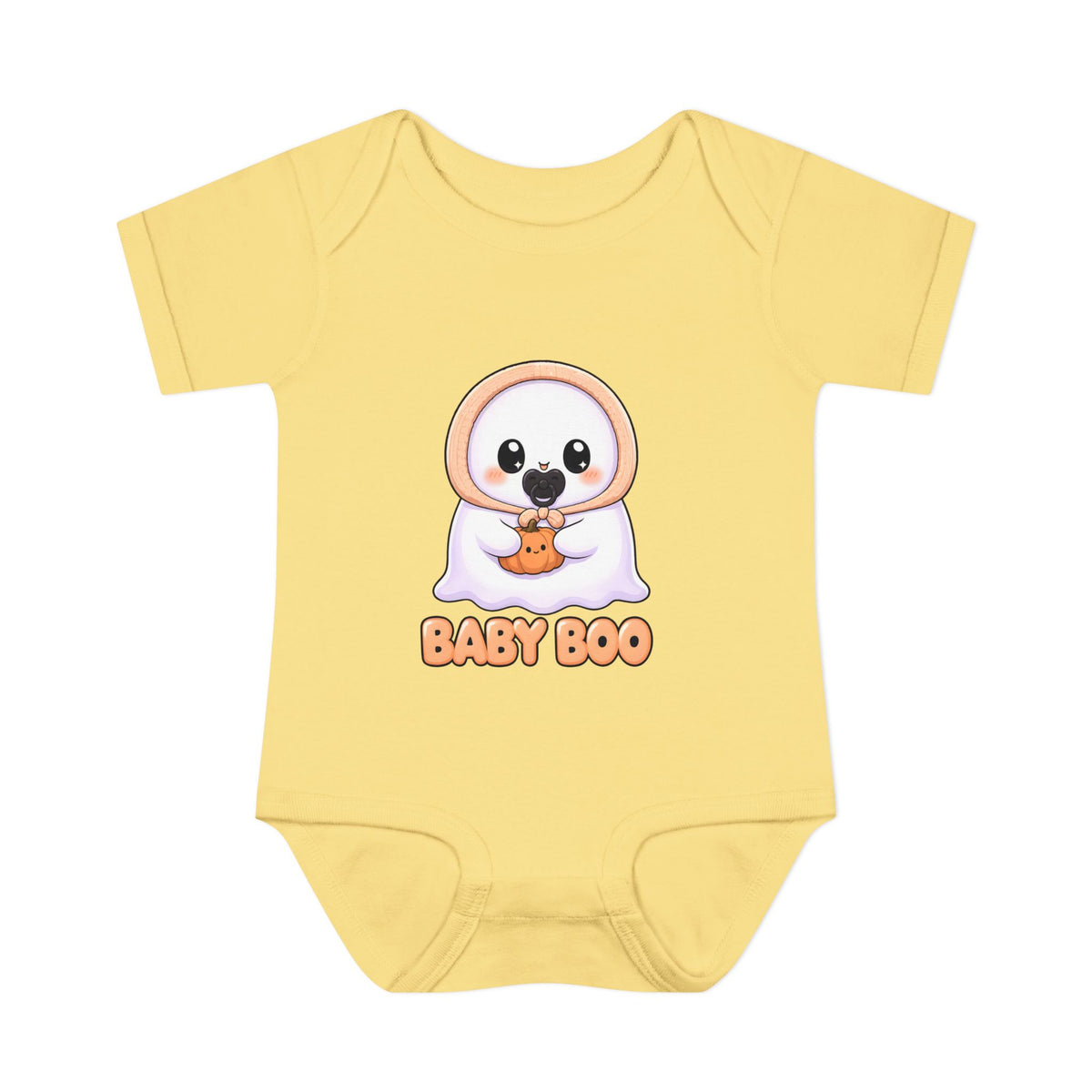 Baby Boo Cute Ghost Baby Halloween Bodysuit in Banana, front