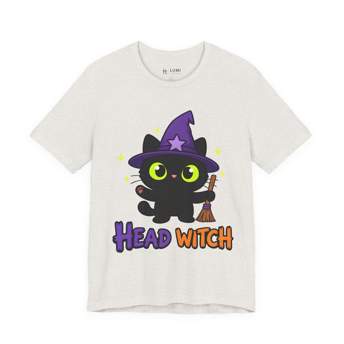 Head Witch Black Cat Halloween T-Shirt for Adults in Heather Cement, front