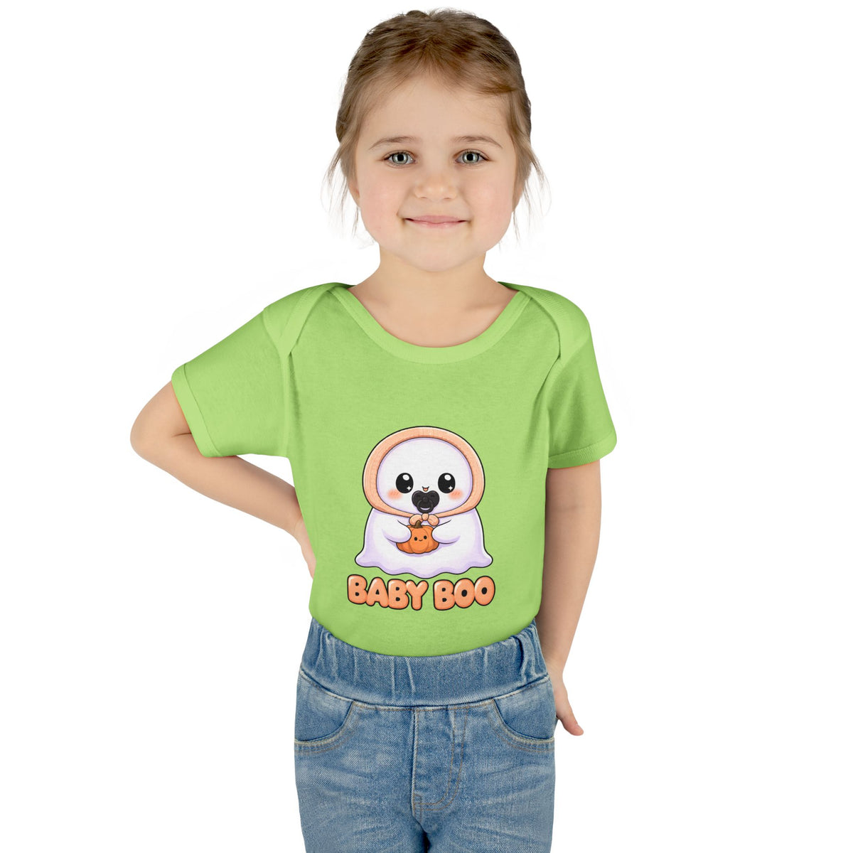 Toddler wearing the Baby Boo Cute Ghost Baby Halloween Bodysuit in Key Lime
