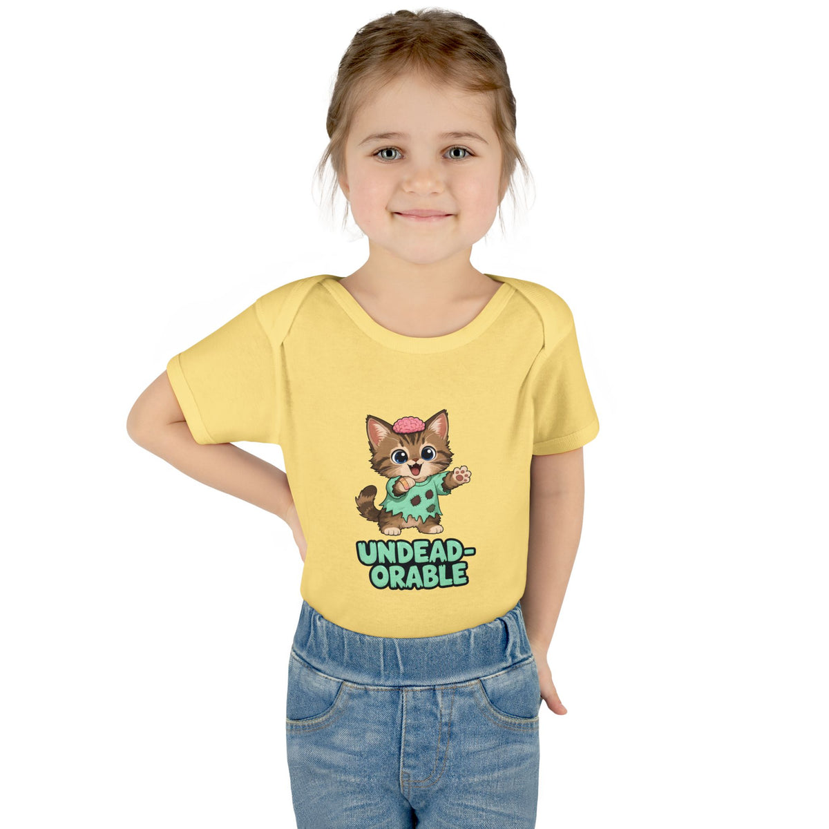 Toddler wearing the Undead-orable Zombie Kitten Baby Halloween Bodysuit in Banana