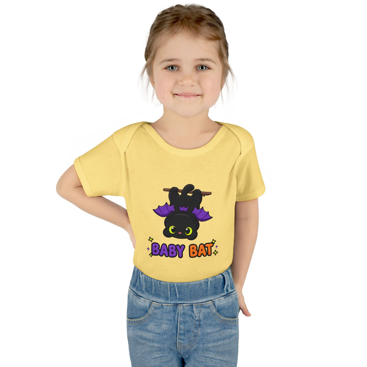 Toddler wearing the Baby Bat Black Cat Baby Halloween Bodysuit in Banana