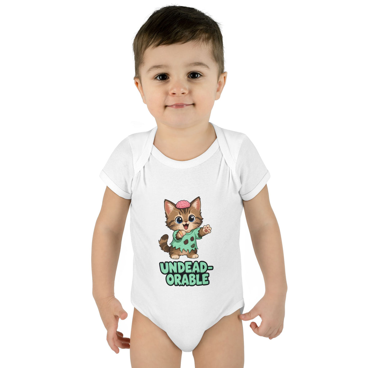 Toddler wearing the Undead-orable Zombie Kitten Baby Halloween Bodysuit in White