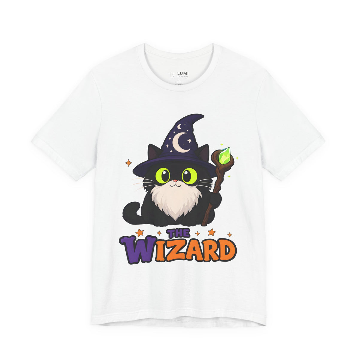 The Wizard Black Cat Halloween T-Shirt for Adults in White, front