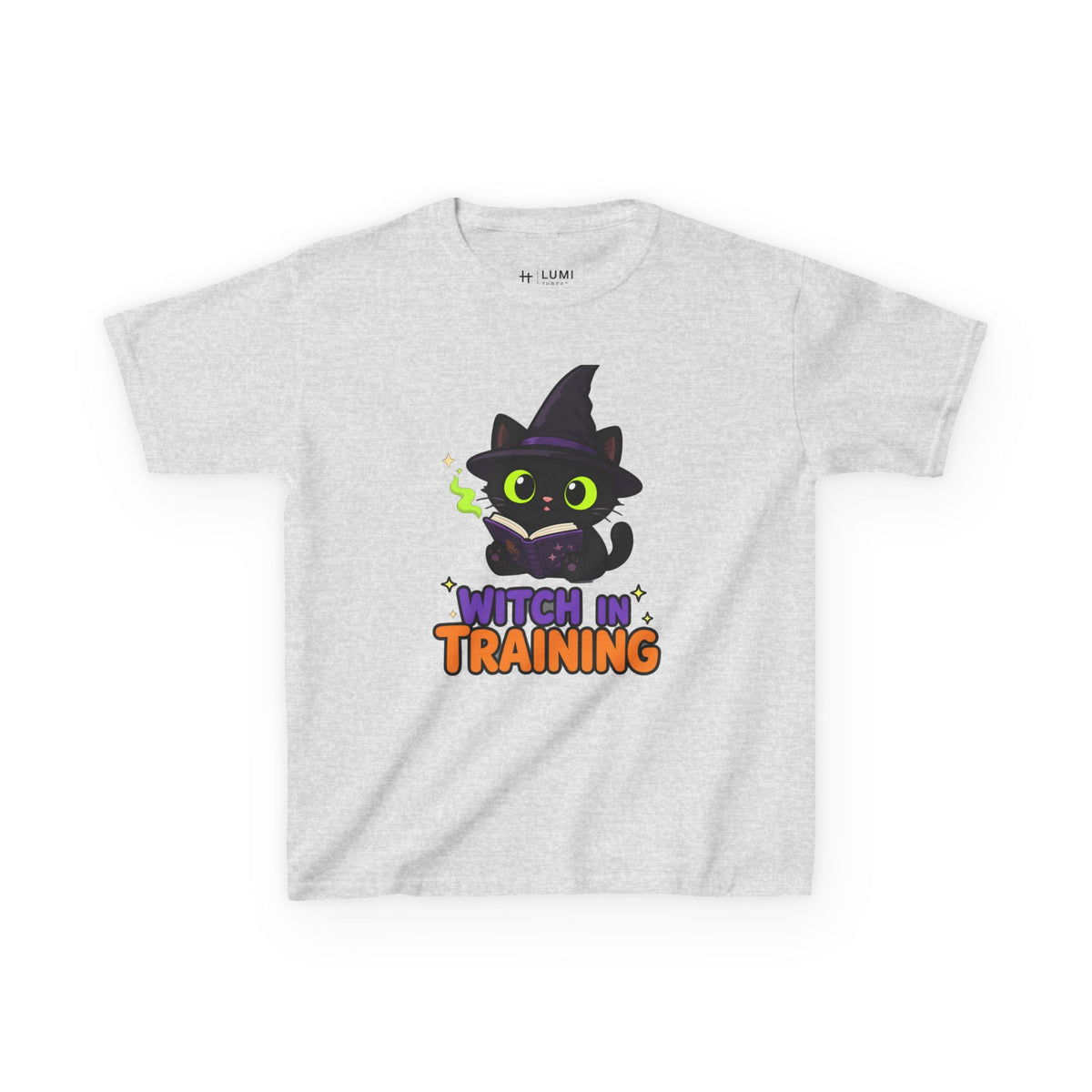 Witch in Training Black Cat Kids Halloween T-Shirt in Ash, front