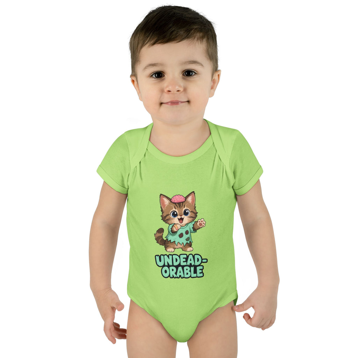 Toddler wearing the Undead-orable Zombie Kitten Baby Halloween Bodysuit in Key Lime