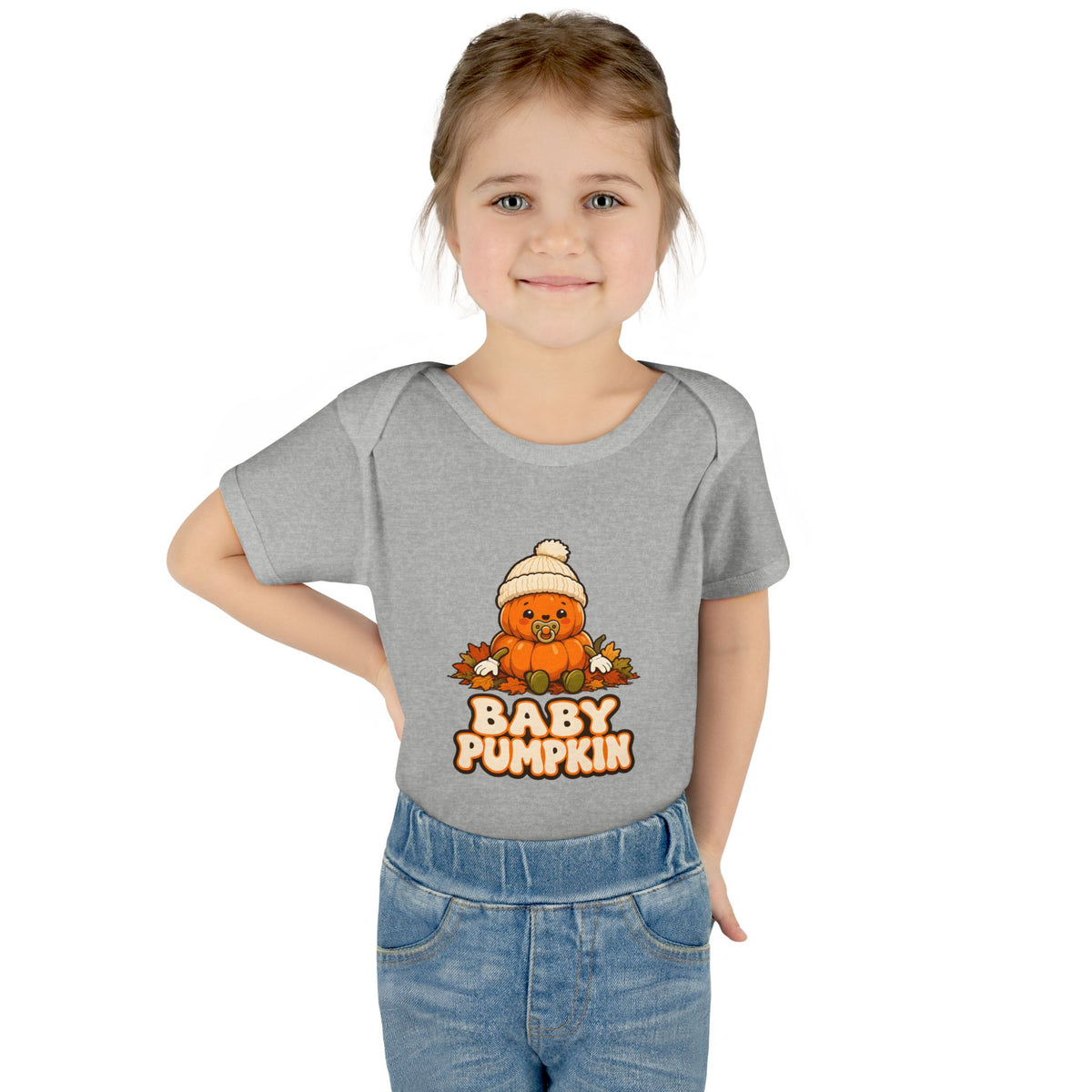Toddler wearing the Baby Pumpkin First Halloween Baby Bodysuit in Heather