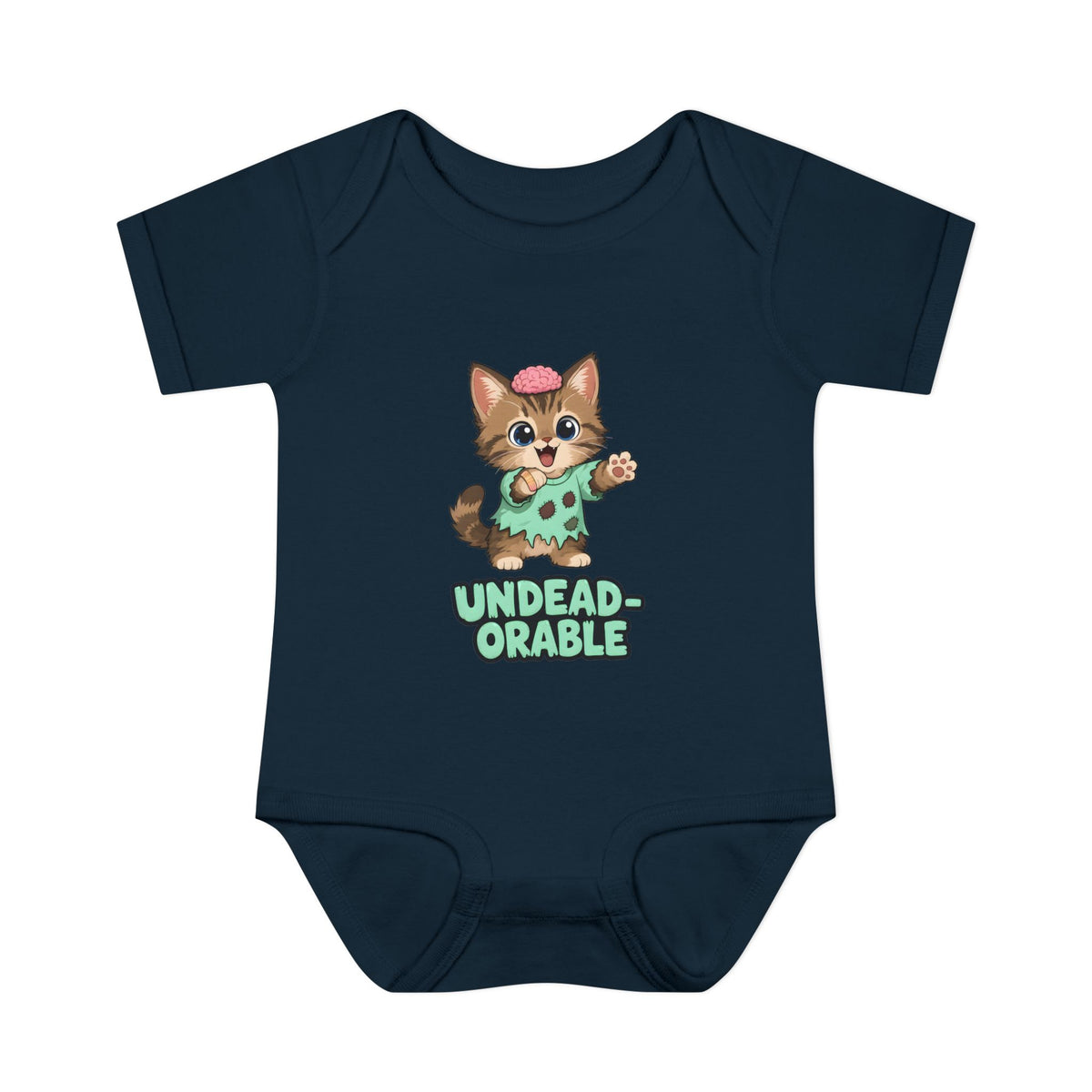 Undead-orable Zombie Kitten Baby Halloween Bodysuit in Navy, front