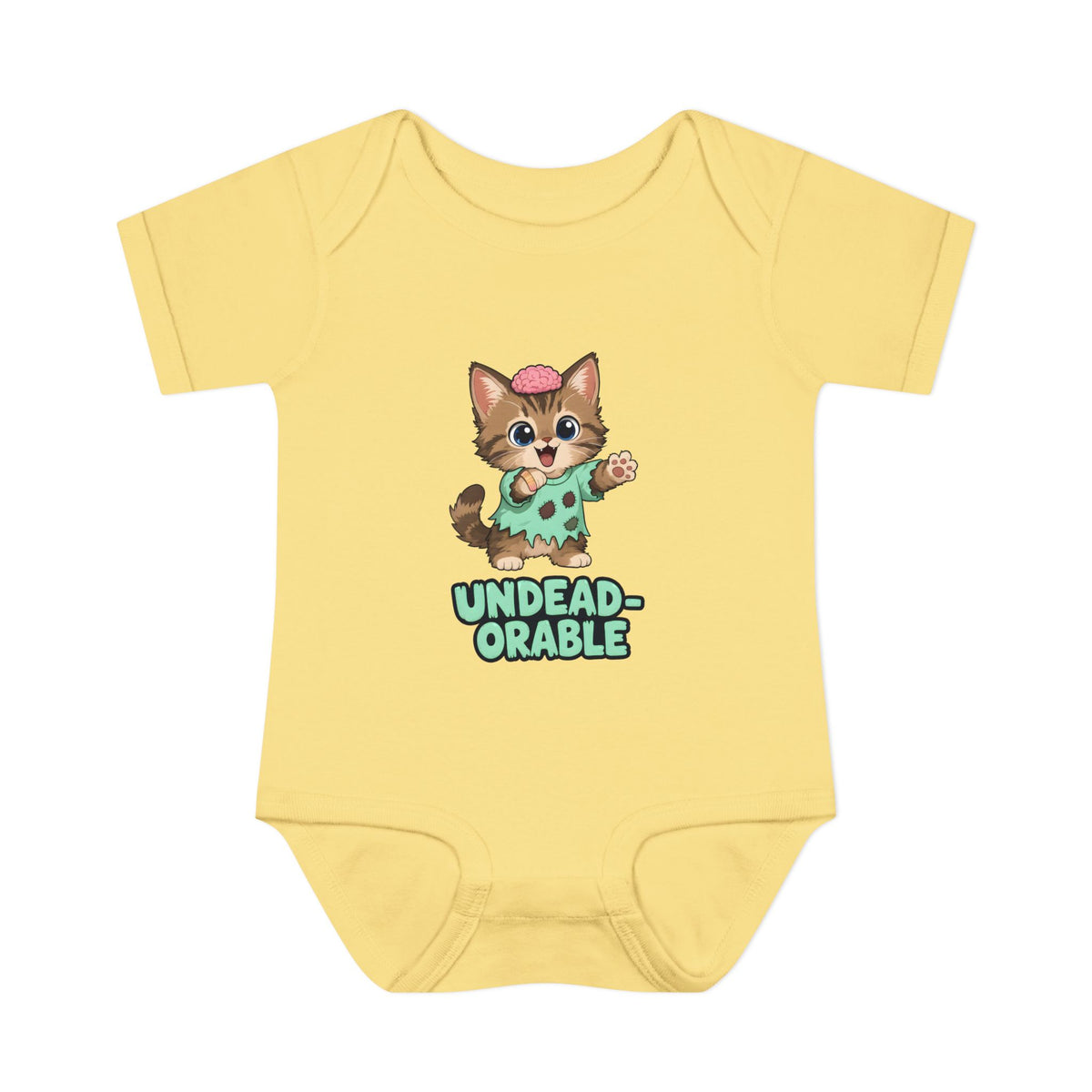 Undead-orable Zombie Kitten Baby Halloween Bodysuit in Banana, front