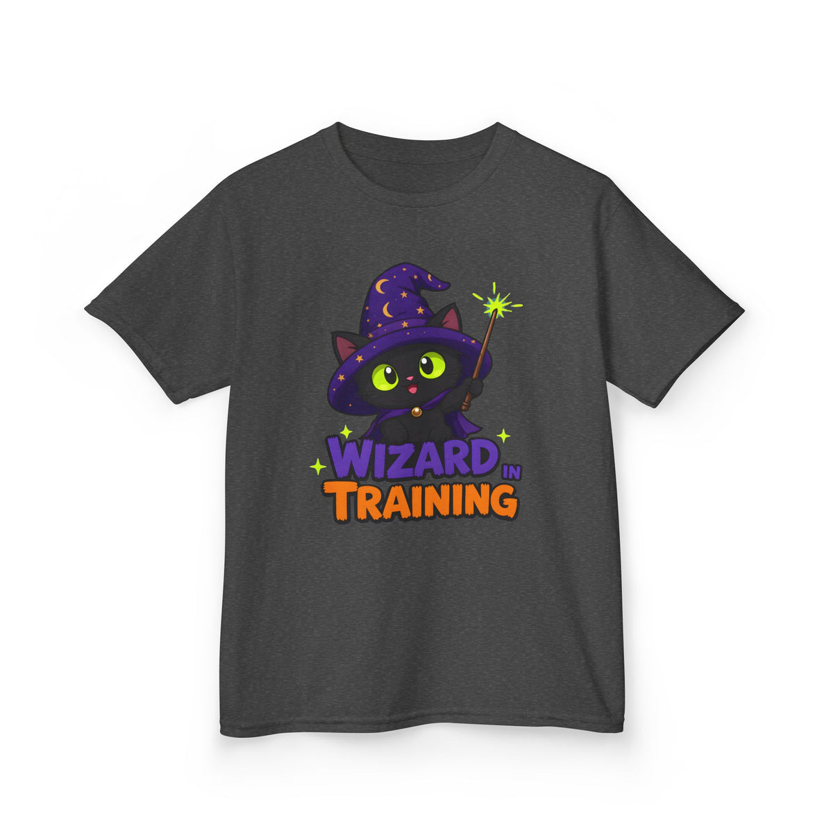 Wizard in Training Black Cat Kids Halloween T-Shirt in Dark Heather, front