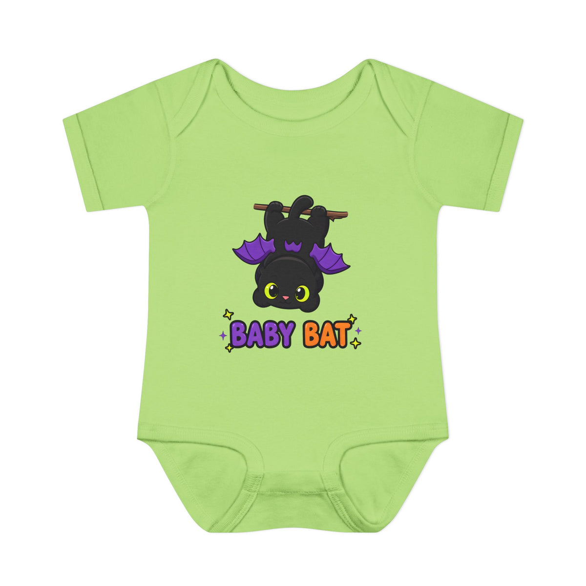 Baby Bat Black Cat Baby Halloween Bodysuit in Key Lime, front