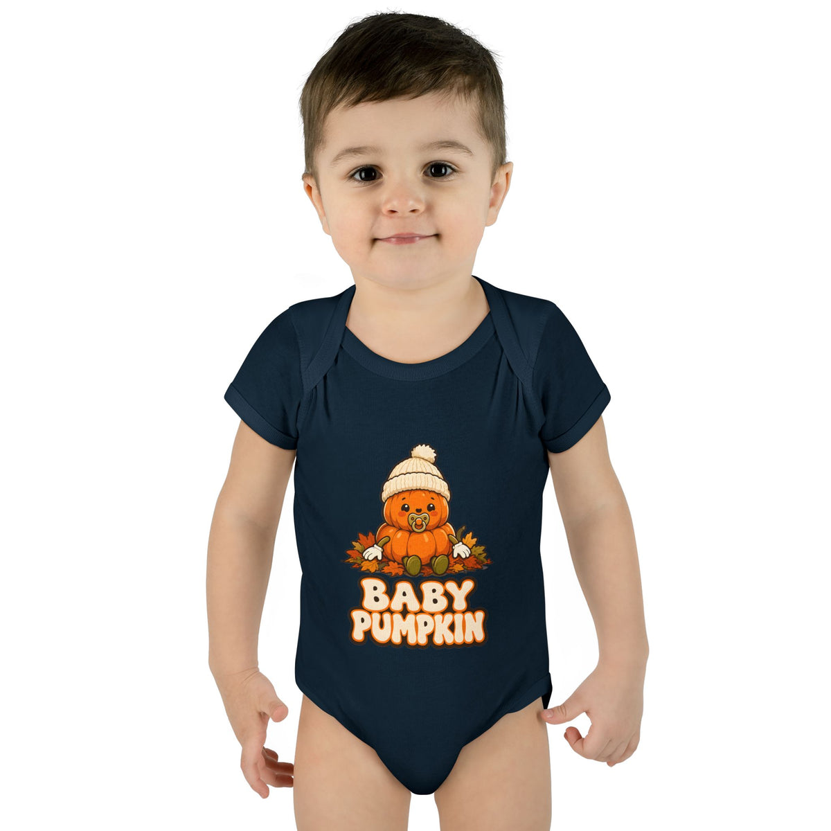 Toddler wearing the Baby Pumpkin First Halloween Baby Bodysuit in Navy