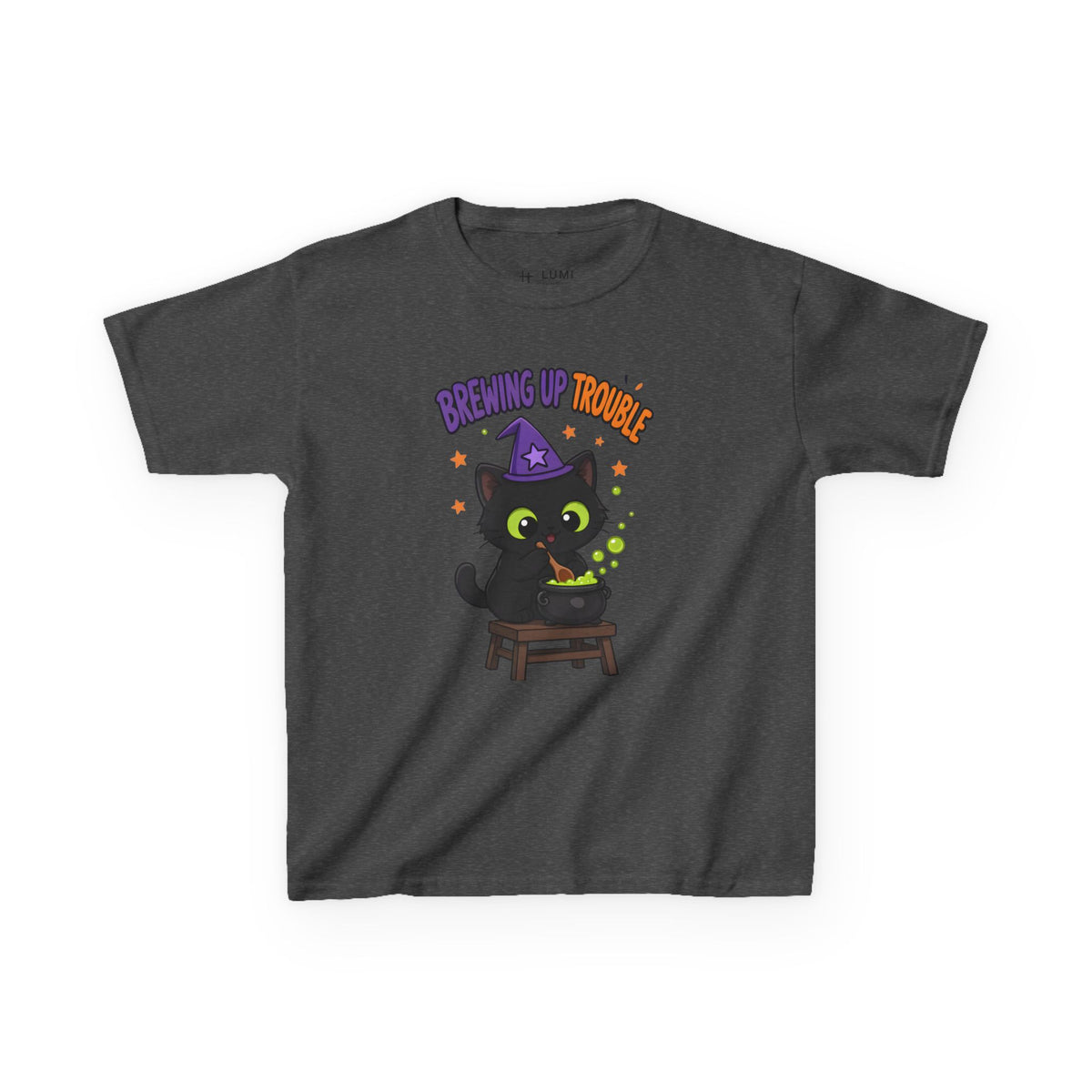 Brewing Up Trouble Black Cat Kids Halloween T-Shirt in Dark Heather, front