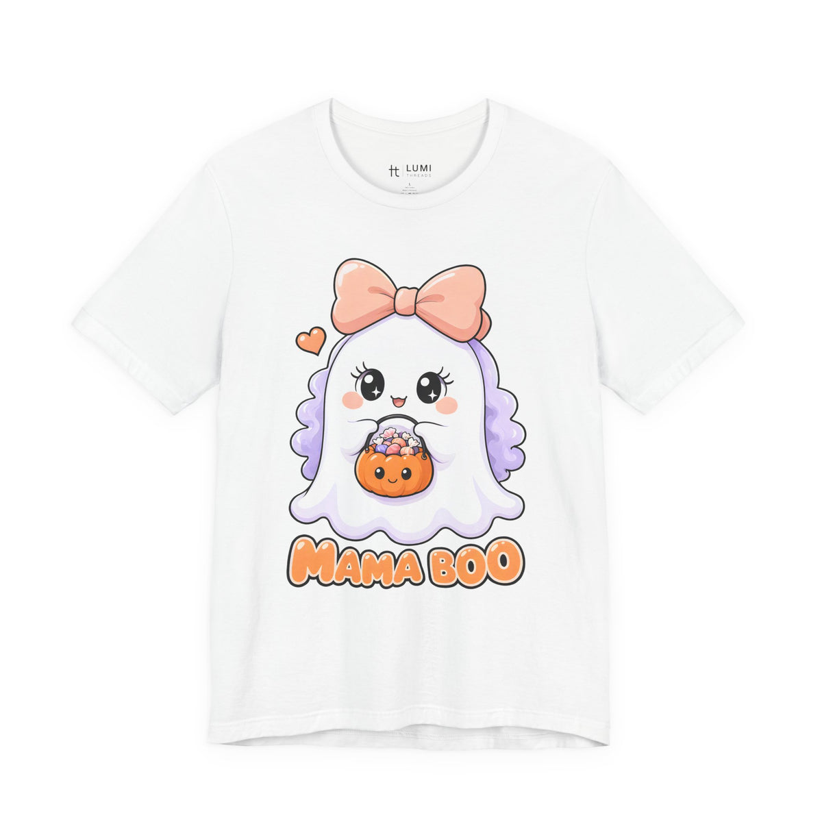 Mama Boo Cute Ghost Mom Halloween T-Shirt for Adults in White, front