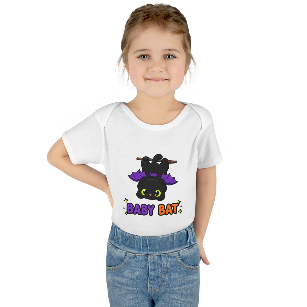 Toddler wearing the Baby Bat Black Cat Baby Halloween Bodysuit in White