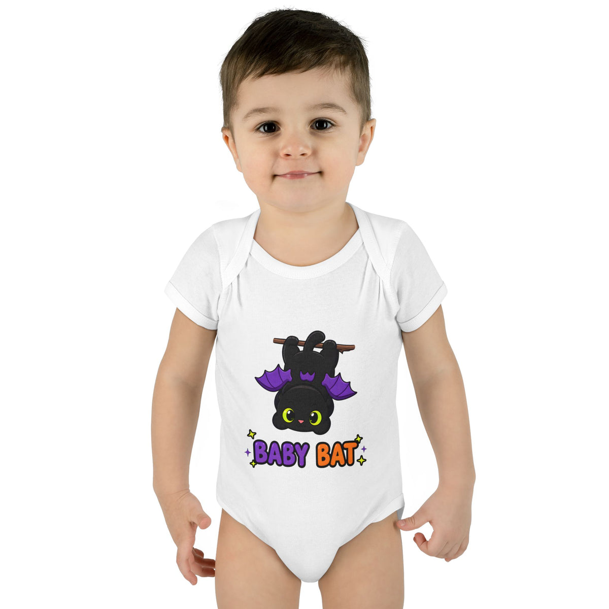 Toddler wearing the Baby Bat Black Cat Baby Halloween Bodysuit in White